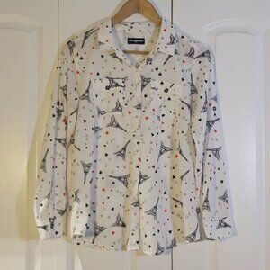 Karl Lagerfeld Women's Shirt L White Paris Eiffel Tower Whimsical Roll-Tab Top